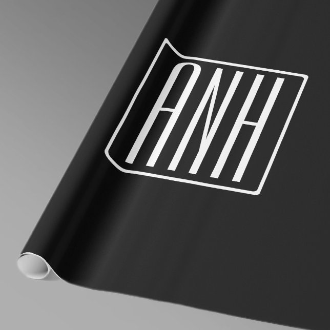 Papier Cadeau Monogramme Initiales 3 Moderne Gras | Blanc Sur No (Créateur téléchargé)