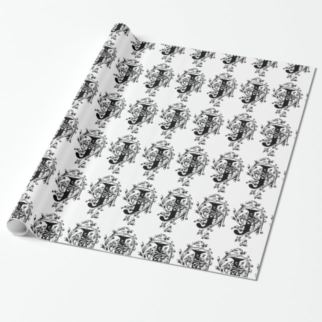 Papier Cadeau Monogramme J Premier motif floral noir et blanc (Déroulé)