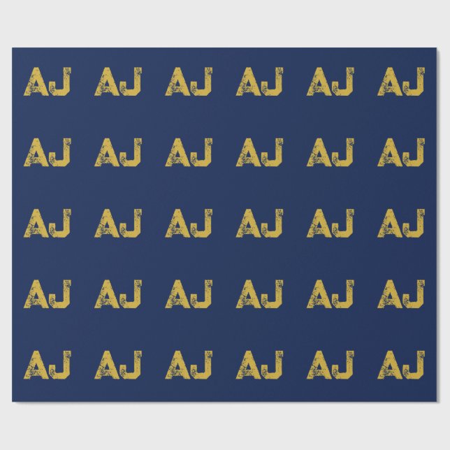 Papier Cadeau Monogramme Lettres Initiales Or & Bleu Simple (Plat)