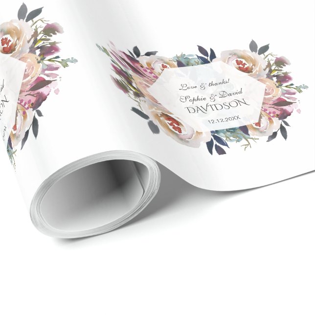 Papier Cadeau Monogramme Mariage géométrique bleu-rose poussiére (Coin rond)