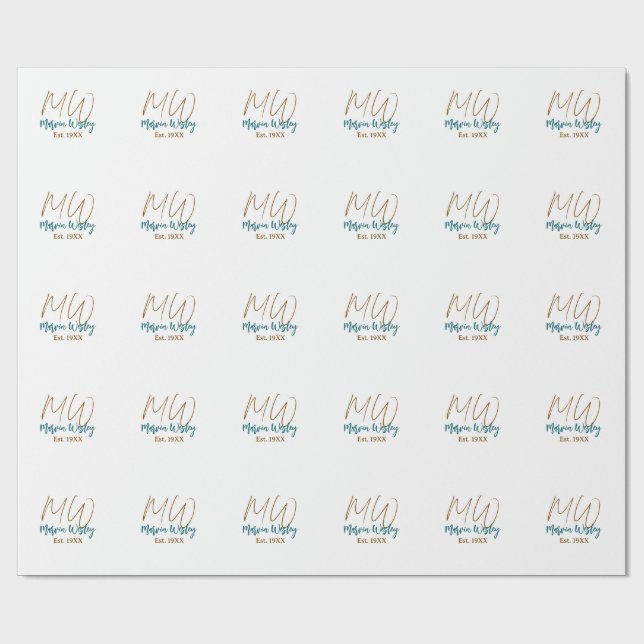 Papier Cadeau Monogramme marron bleu turquoise année simple mini (Plat)
