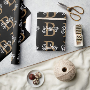 Papier Cadeau Monogramme moderne élégant Nom Black Gold Script