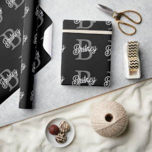 Papier Cadeau Monogramme moderne élégant Nom noir Gris noir Scri