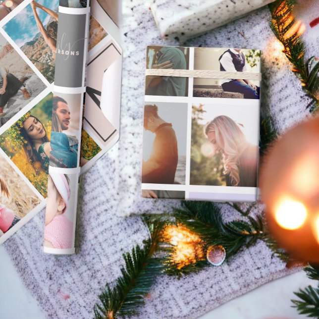 Papier Cadeau Monogramme moderne votre famille 16 photo collage  (Modern monogram your family 16 photo collage grid wrapping paper)