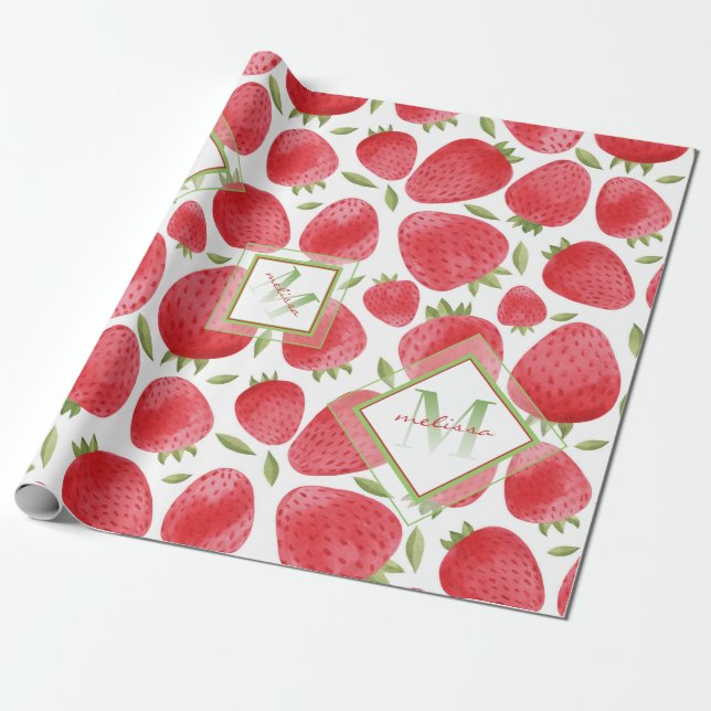 Papier Cadeau Monogramme Ombre + Fraises Rouge & Vert + Rose (Déroulé)