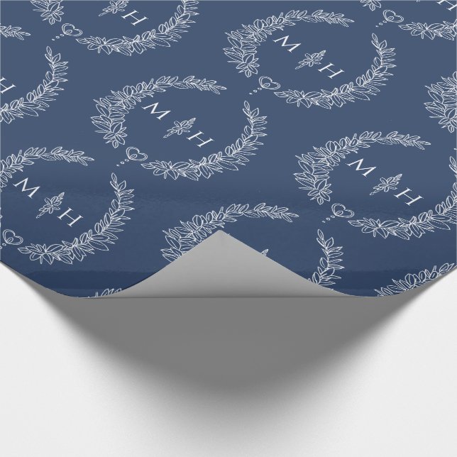 Papier Cadeau monogramme ovale feuille dessin bleu foncé blanc (Coin)
