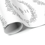 Papier Cadeau Monogramme ovale feuille dessin gris foncé sur bla<br><div class="desc">Papier d'emballage cadeau mariage en monogramme de feuille gris foncé dessiné à la main. Une simple conception de la couronne feuille ovale encadrant vos propres initiales monographiques en gris et blanc. D'autres couleurs et objets correspondants sont disponibles. © Dessin et dessin de la feuille d'origine par Sarah Trett pour www.mylittleedenweddings.com...</div>