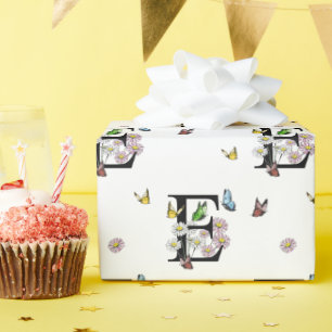 Papier Cadeau Monogramme papillon aquarelle florale lettre E   