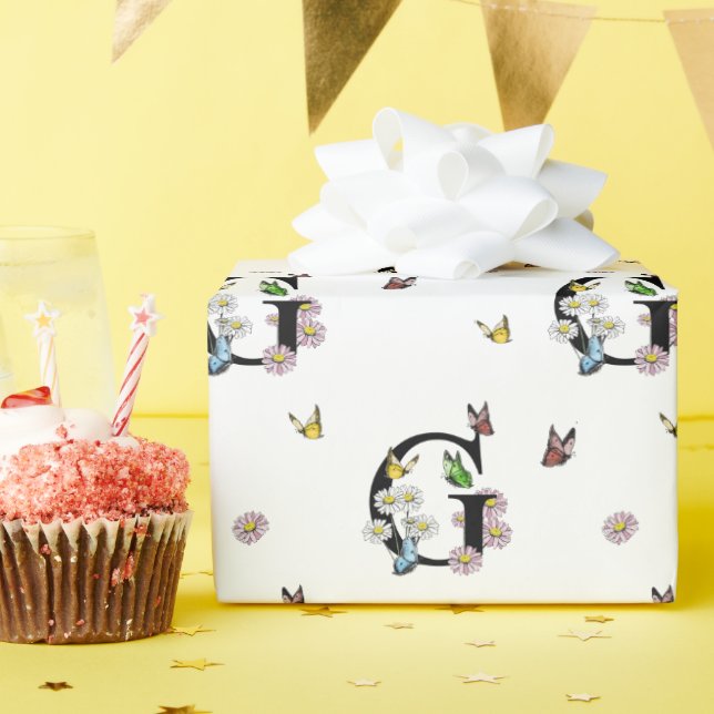 Papier Cadeau Monogramme papillon aquarelle florale lettre G   (Fête d'anniversaire)