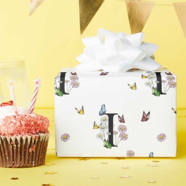 Papier Cadeau Monogramme papillon aquarelle florale lettre I   (Fête d'anniversaire)