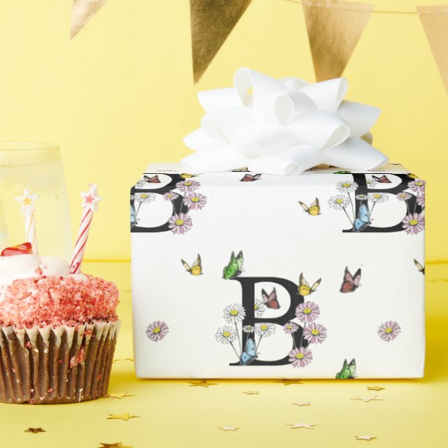 Papier Cadeau Monogramme papillon aquarelle lettre B    (Fête d'anniversaire)
