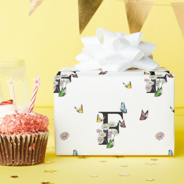 Papier Cadeau Monogramme papillon aquarelle lettre F    (Fête d'anniversaire)