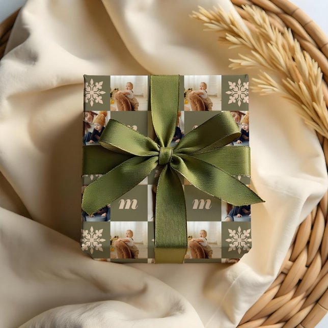 Papier Cadeau Monogramme photo personnalisée À damiers Retro (Retro Chequered Pattern Custom Photo Monogram Wrapping Paper)