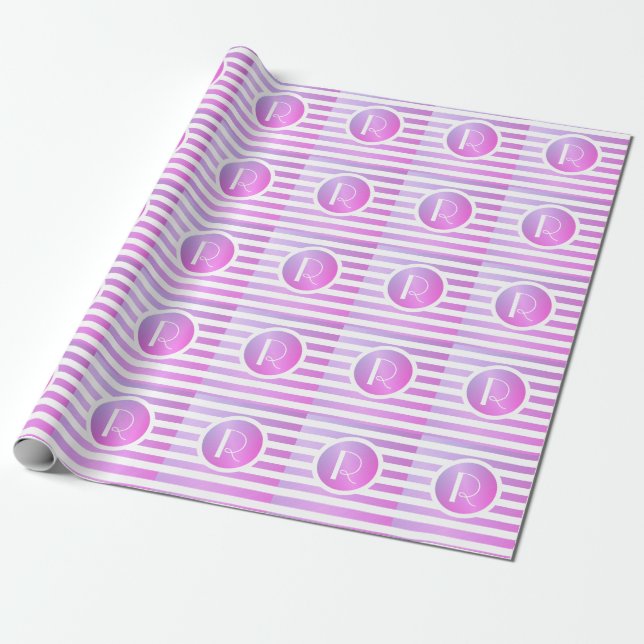 Papier Cadeau Monogramme rayures violettes et blanches (Déroulé)