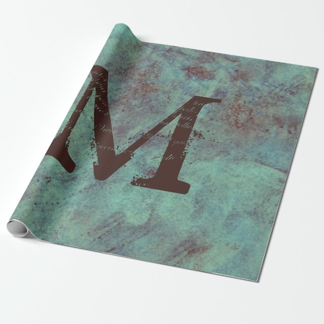 Papier Cadeau Monogramme Turquoise Cuivre Rustique Texture Grung (Déroulé)