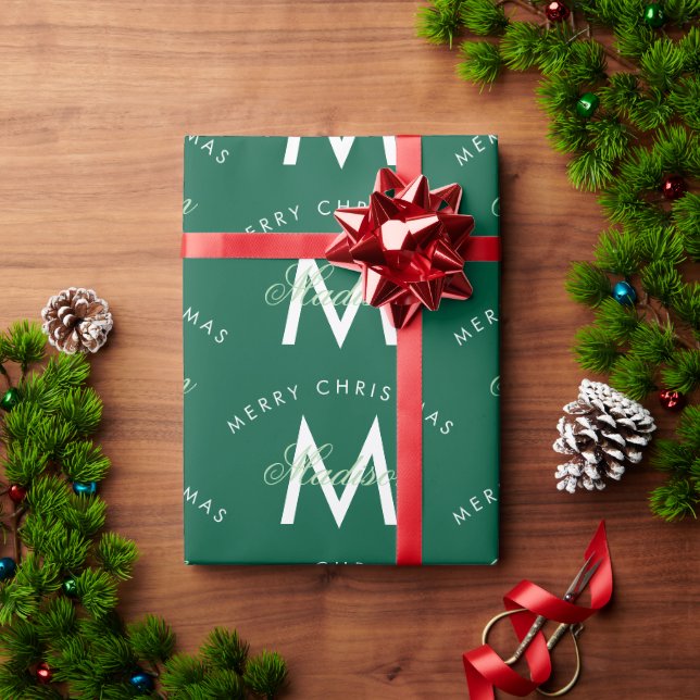 Papier Cadeau Monogramme vert Joyeux Noël personnalisé (Cadeau de vacances)