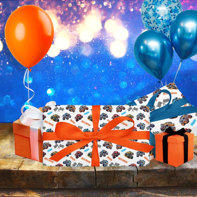 Papier Cadeau Monster Truck Boom Crunch Crash Anniversaire (Monster Truck "Boom, Crunch, Crash, Crush 'Em" Name Wrapping Paper for Boy's Birthday and Holiday)