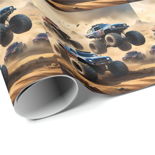 Papier Cadeau Monster Trucks Courant Dans Le Désert, (Coin rond)
