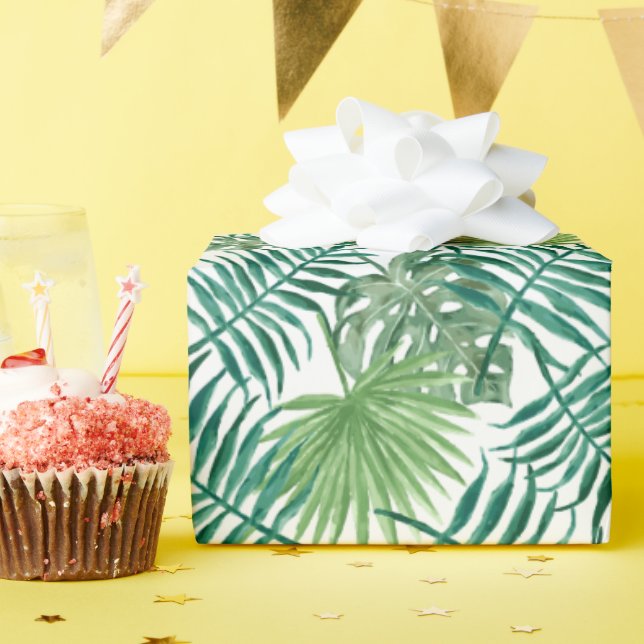 Papier Cadeau Monstera Tropical et Feuilles de Palmier (Fête d'anniversaire)