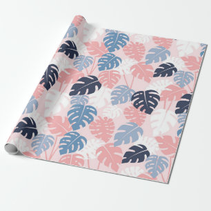 Papier Cadeau Monstère tropicale marine feuille rose et bleu pou