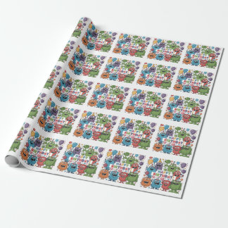 Papier Cadeau Monstres mignonnes avec des ballons Joyeux anniver