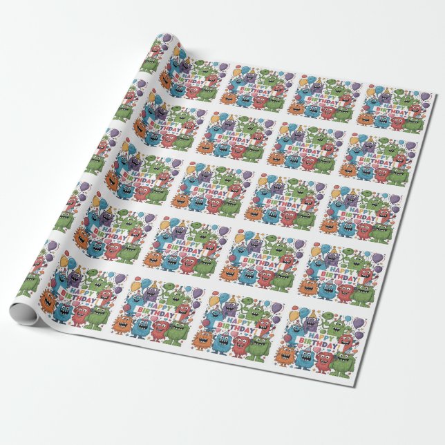 Papier Cadeau Monstres mignonnes avec des ballons Joyeux anniver (Déroulé)