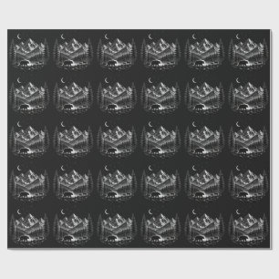 Papier Cadeau Montagne Mystique Nuit de Style Linogravure Sauvag