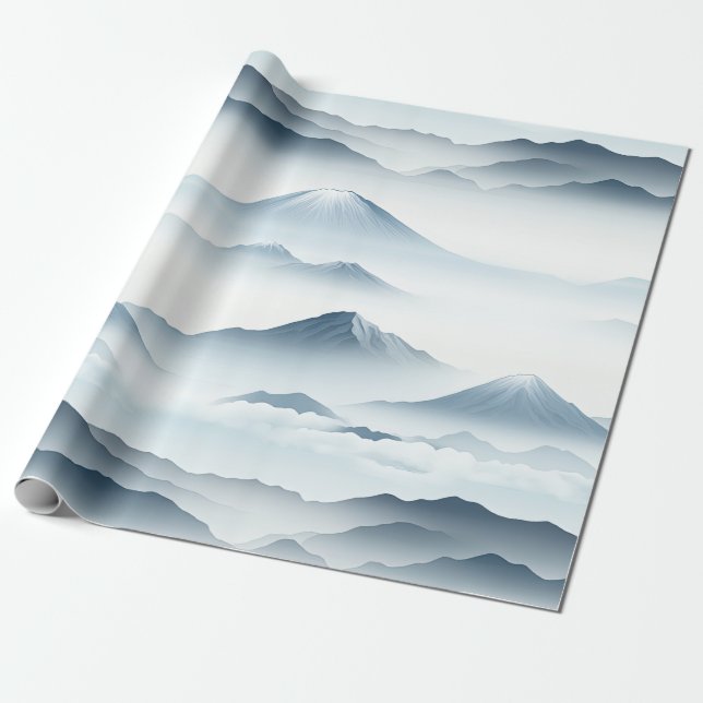 Papier Cadeau Montagnes Tranquilles Neige Bleu Blanc Scène (Déroulé)