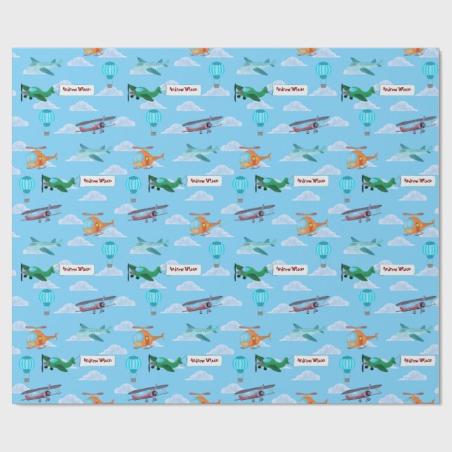 Papier Cadeau Montgolfière Hélicoptère Parade d'avions  (Plat)