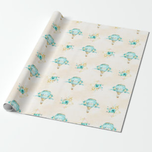 Papier Cadeau Montgolfière Turquoise Roses Jaunes