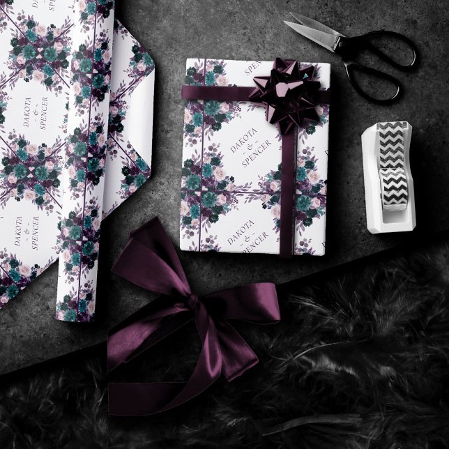 Papier Cadeau Moody Boho | Eggplant pourpre et Turquoise monogra (Créateur téléchargé)