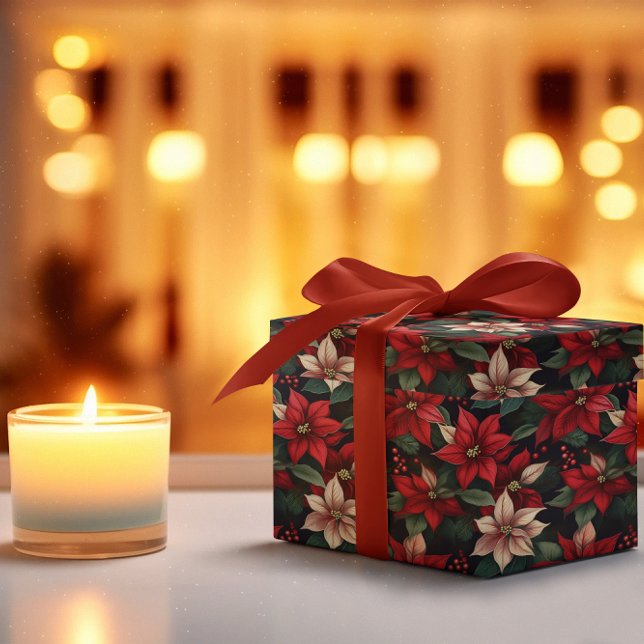Papier Cadeau Moody foncé Poinsettia vacances d'hiver florales (Elegant Dark and Moody Poinsettia Floral Christmas and Winter Holiday Wrapping Paper)