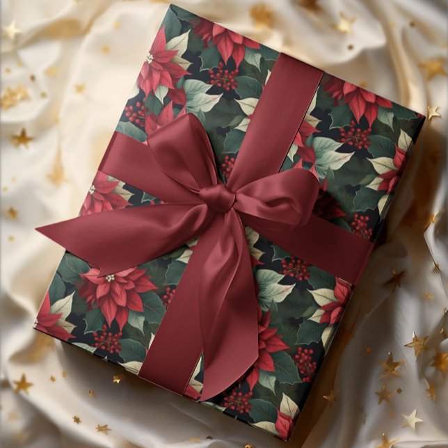 Papier Cadeau Moody foncé Poinsettia vacances d'hiver florales (Elegant Dark and Moody Poinsettia Floral Christmas and Winter Holiday Wrapping Paper)