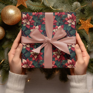 Papier Cadeau Moody foncé Poinsettia vacances d'hiver florales