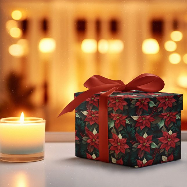 Papier Cadeau Moody foncé Poinsettia vacances d'hiver florales (Elegant Dark and Moody Poinsettia Floral Christmas and Winter Holiday Wrapping Paper)