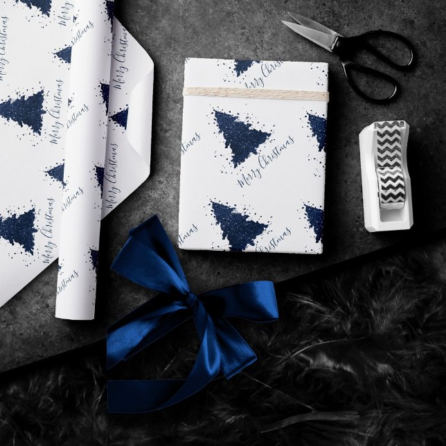 Papier Cadeau Moody Joyeux Noël | Classy Dark Navy Blue Tree (Créateur téléchargé)