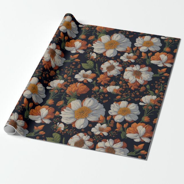 Papier Cadeau Moody orange élégante fleurs rétro (Déroulé)