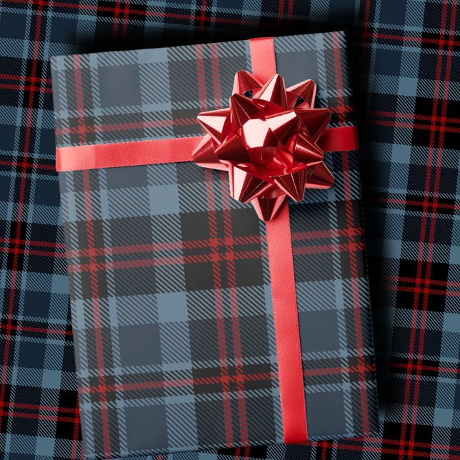 Papier Cadeau Moody Slate Blue and Deep Red Tartan Plaid (Créateur téléchargé)
