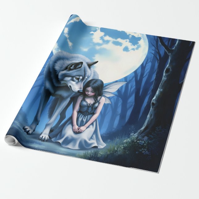 Papier Cadeau Moonlit Bond – The Wolf and the Gothic Fairy.   (Déroulé)