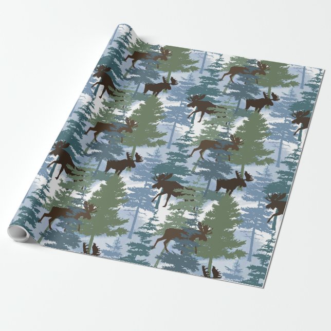 Papier Cadeau Moose de la forêt d'hiver (Déroulé)