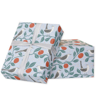 Papier Cadeau Moqueur Fleur d'Orange Oiseau Fleur Bleu