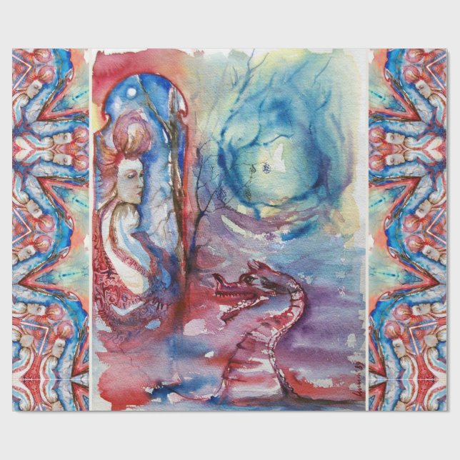 Papier Cadeau MORGANA Enchantress et Dragon, Imaginaire bleu ros (Plat)