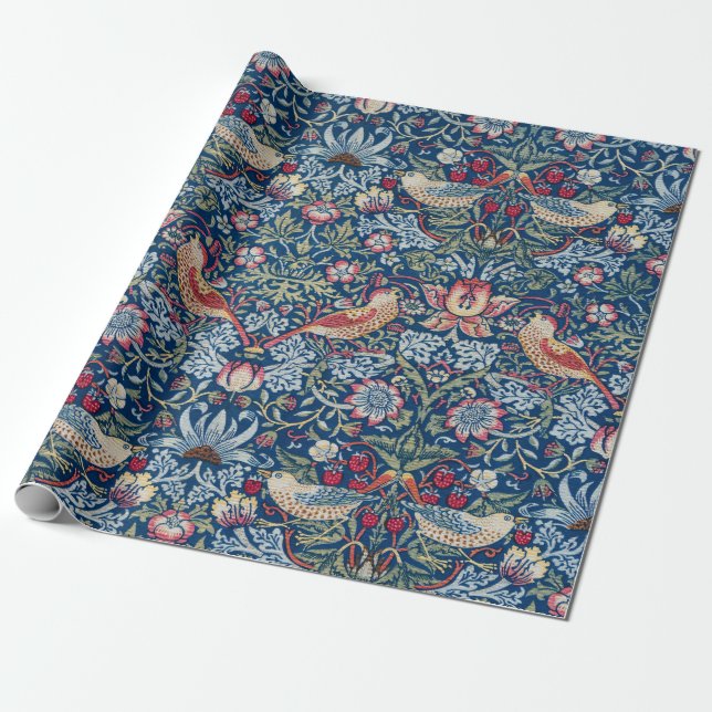 Papier Cadeau Morris Strawberry Thief Classique Bleu Indigo Fin (Déroulé)