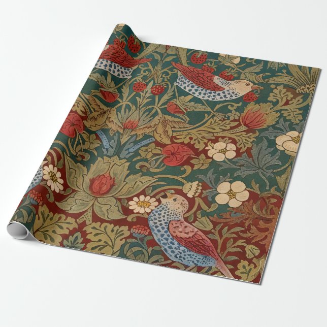 Papier Cadeau Morris Strawberry Thief Vert sarcelle Rouge Art fl (Déroulé)