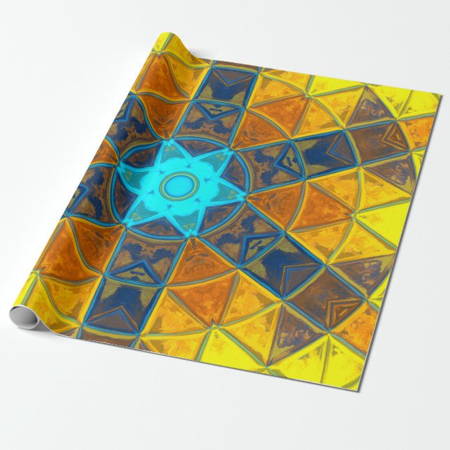 Papier Cadeau Mosaic Kaleidoscope Fleur Jaune et Bleu (Déroulé)