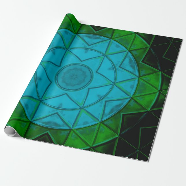 Papier Cadeau Mosaic Kaleidoscope Fleur Vert et Bleu (Déroulé)