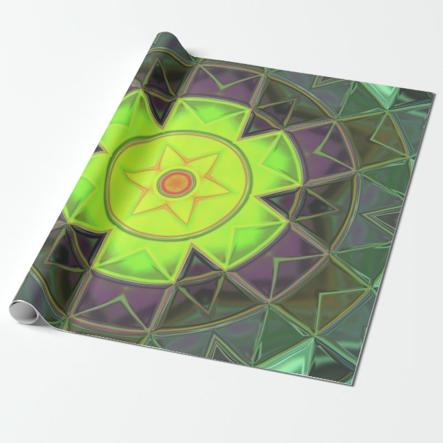 Papier Cadeau Mosaic Kaleidoscope Fleur vert pourpre et jaune (Déroulé)
