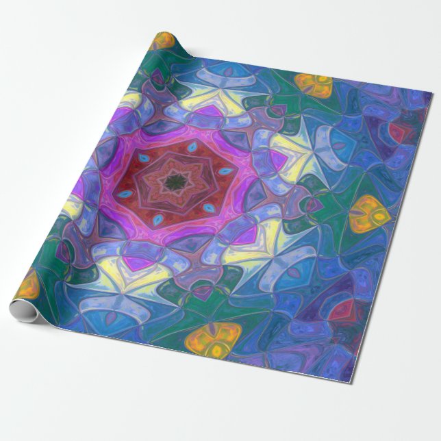 Papier Cadeau Mosaic Mandala Flower rose bleu et jaune (Déroulé)