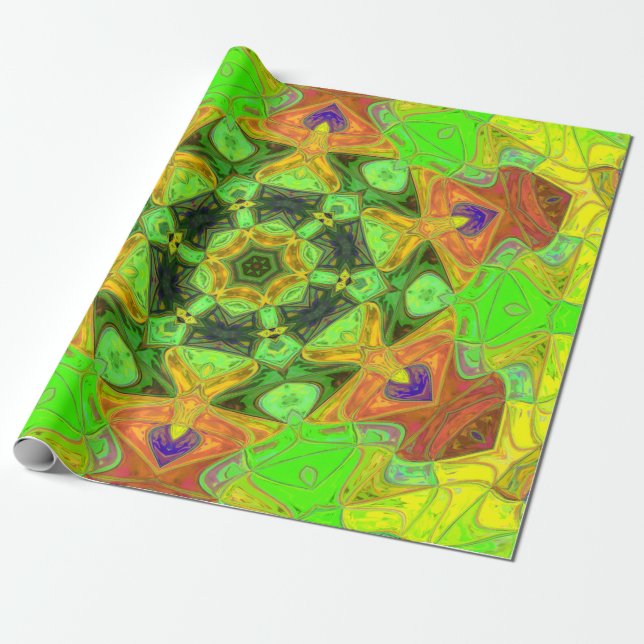 Papier Cadeau Mosaic Mandala Flower vert orange et jaune (Déroulé)