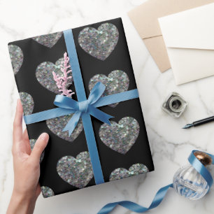 Papier Cadeau Mosaïque argentée scintillante motif de cœur noir